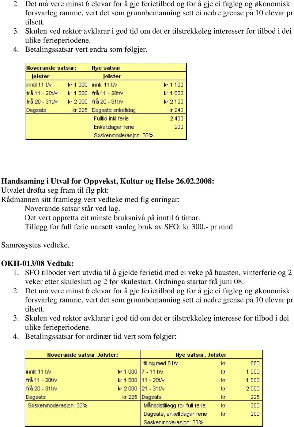 Handsaming i Utval for Oppvekst, Kultur og Helse 26.02.2008: Utvalet drøfta seg fram til flg pkt: Rådmannen sitt framlegg vert vedteke med flg enringar: Noverande satsar står ved lag.