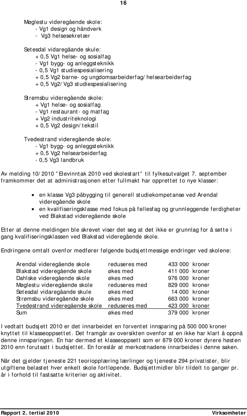 0,5 Vg2 design/tekstil Tvedestrand videregående skole: - Vg1 bygg- og anleggsteknikk + 0,5 Vg2 helsearbeiderfag - 0,5 Vg3 landbruk Av melding 10/2010 Elevinntak 2010 ved skolestart til fylkesutvalget