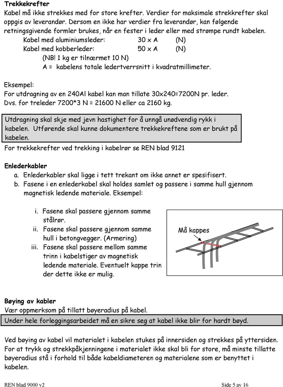 Kabel med aluminiumsleder: 30 x A (N) Kabel med kobberleder: 50 x A (N) (NB! 1 kg er tilnærmet 10 N) A = kabelens totale ledertverrsnitt i kvadratmillimeter.