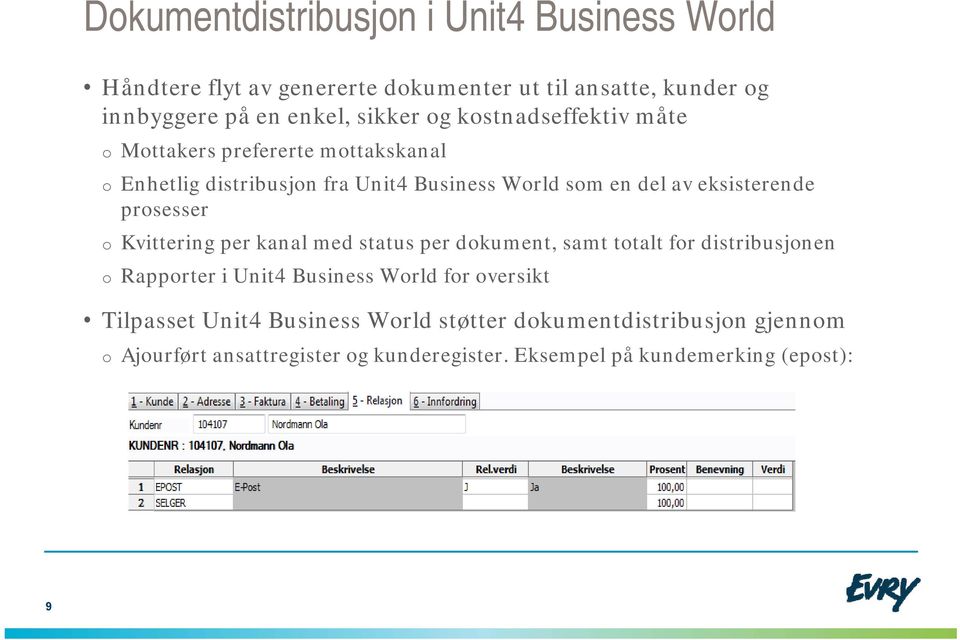prosesser o Kvittering per kanal med status per dokument, samt totalt for distribusjonen o Rapporter i Unit4 Business World for oversikt