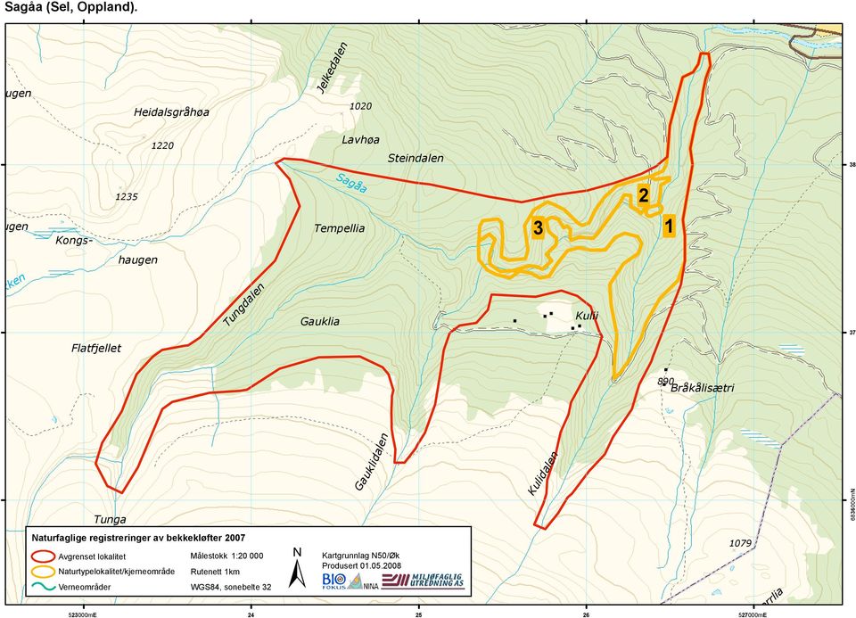 Jønnbekken Tungdalen Gauklia Kulii 37 Flatfjellet 890 Bråkålisætri Tunga Naturfaglige registreringer av bekkekløfter 2007
