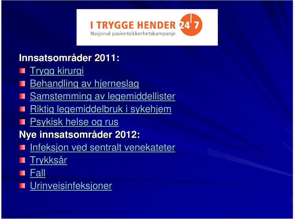 sykehjem Psykisk helse og rus Nye innsatsområder 2012: