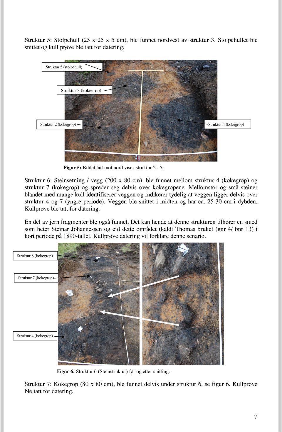 Struktur 6: Steinsetning / vegg (200 x 80 cm), ble funnet mellom struktur 4 (kokegrop) og struktur 7 (kokegrop) og spreder seg delvis over kokegropene.
