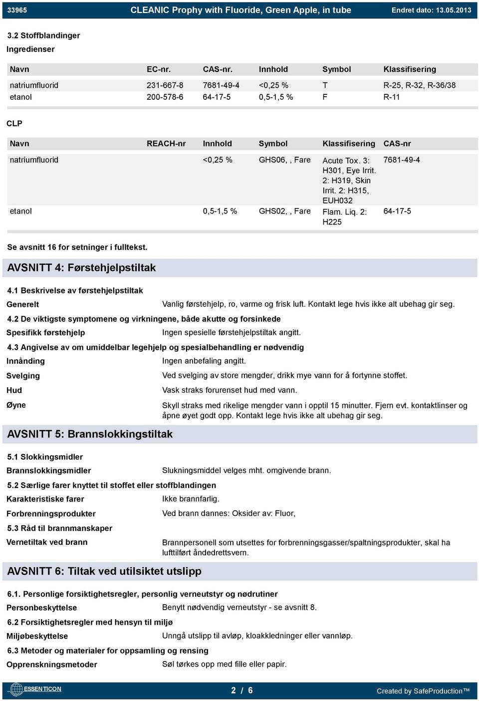 natriumfluorid <0,25 % GHS06,, Fare Acute Tox. 3: H301, Eye Irrit. 2: H319, Skin Irrit. 2: H315, EUH032 etanol 0,5-1,5 % GHS02,, Fare Flam. Liq.