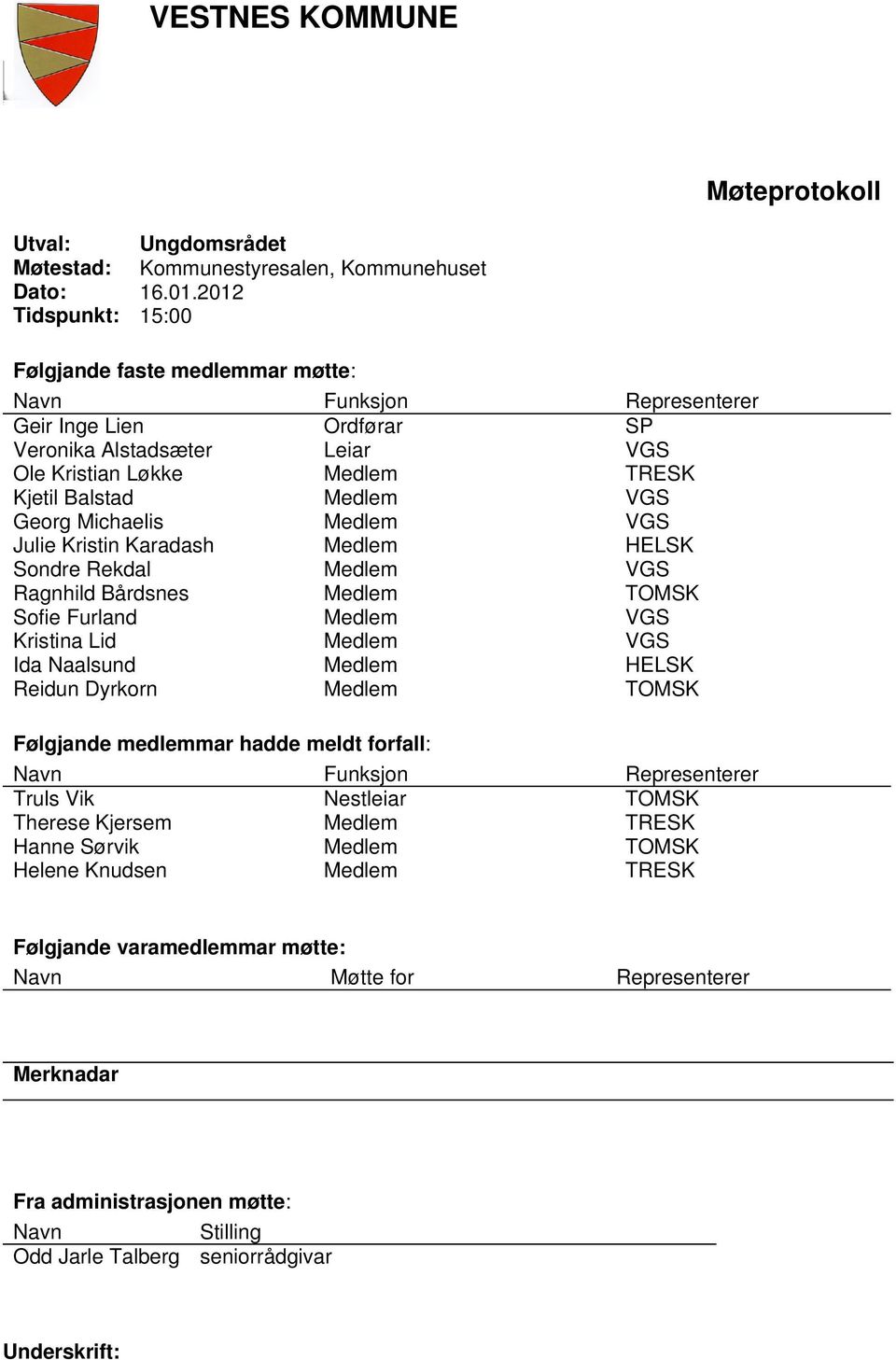 Georg Michaelis Medlem VGS Julie Kristin Karadash Medlem HELSK Sondre Rekdal Medlem VGS Ragnhild Bårdsnes Medlem TOMSK Sofie Furland Medlem VGS Kristina Lid Medlem VGS Ida Naalsund Medlem HELSK