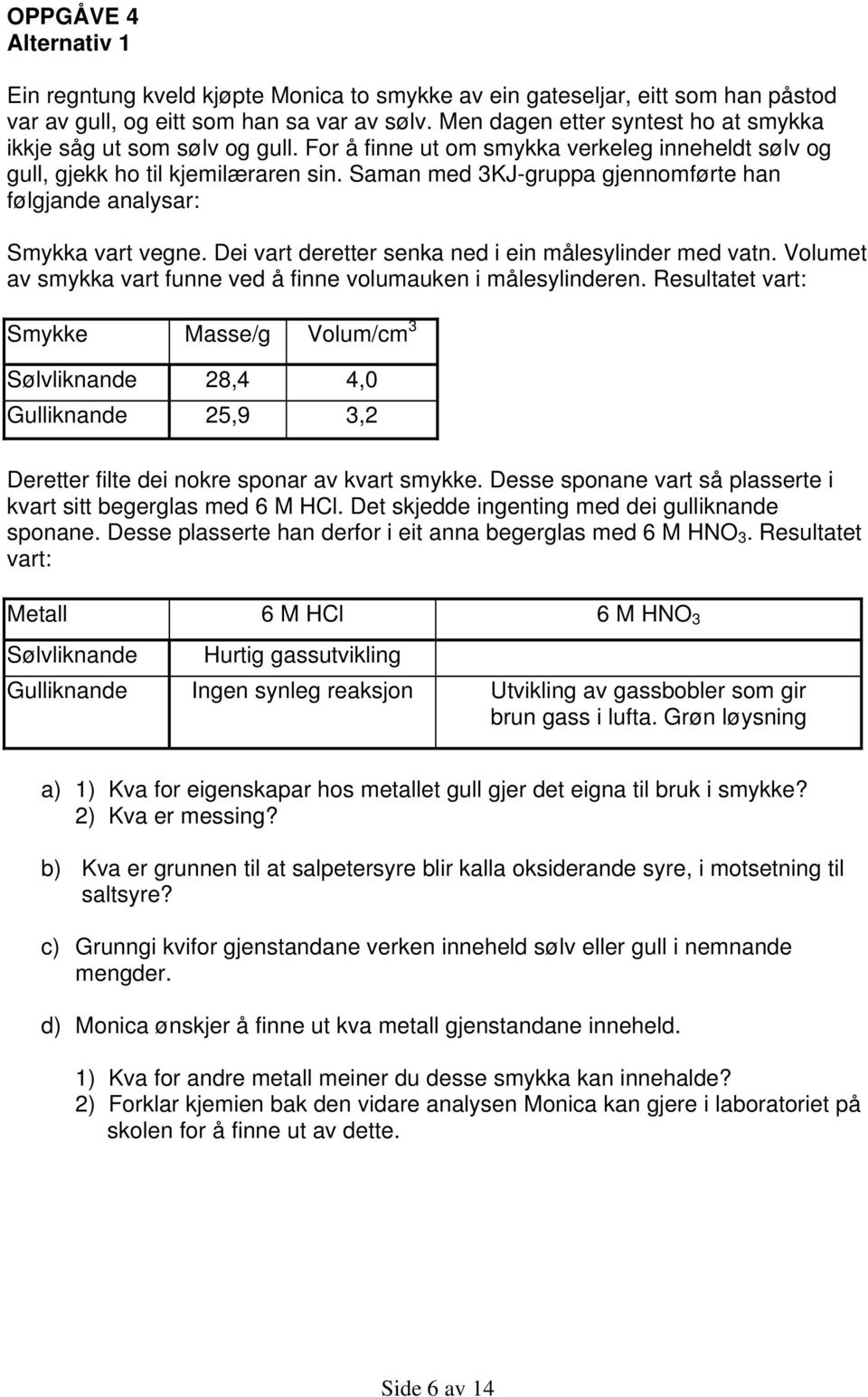 Saman med 3KJ-gruppa gjennomførte han følgjande analysar: Smykka vart vegne. Dei vart deretter senka ned i ein målesylinder med vatn.