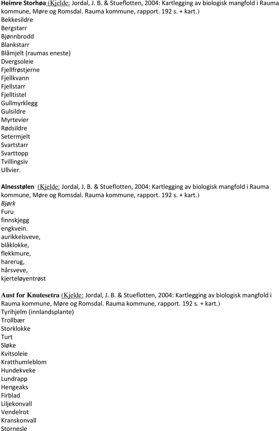 Setermjelt Svartstarr Svarttopp Tvillingsiv Ullvier. Alnesstølen (Kjelde: Jordal, J. B. & Stueflotten, 2004: Kartlegging av biologisk mangfold i Rauma Bjørk Furu finnskjegg engkvein.