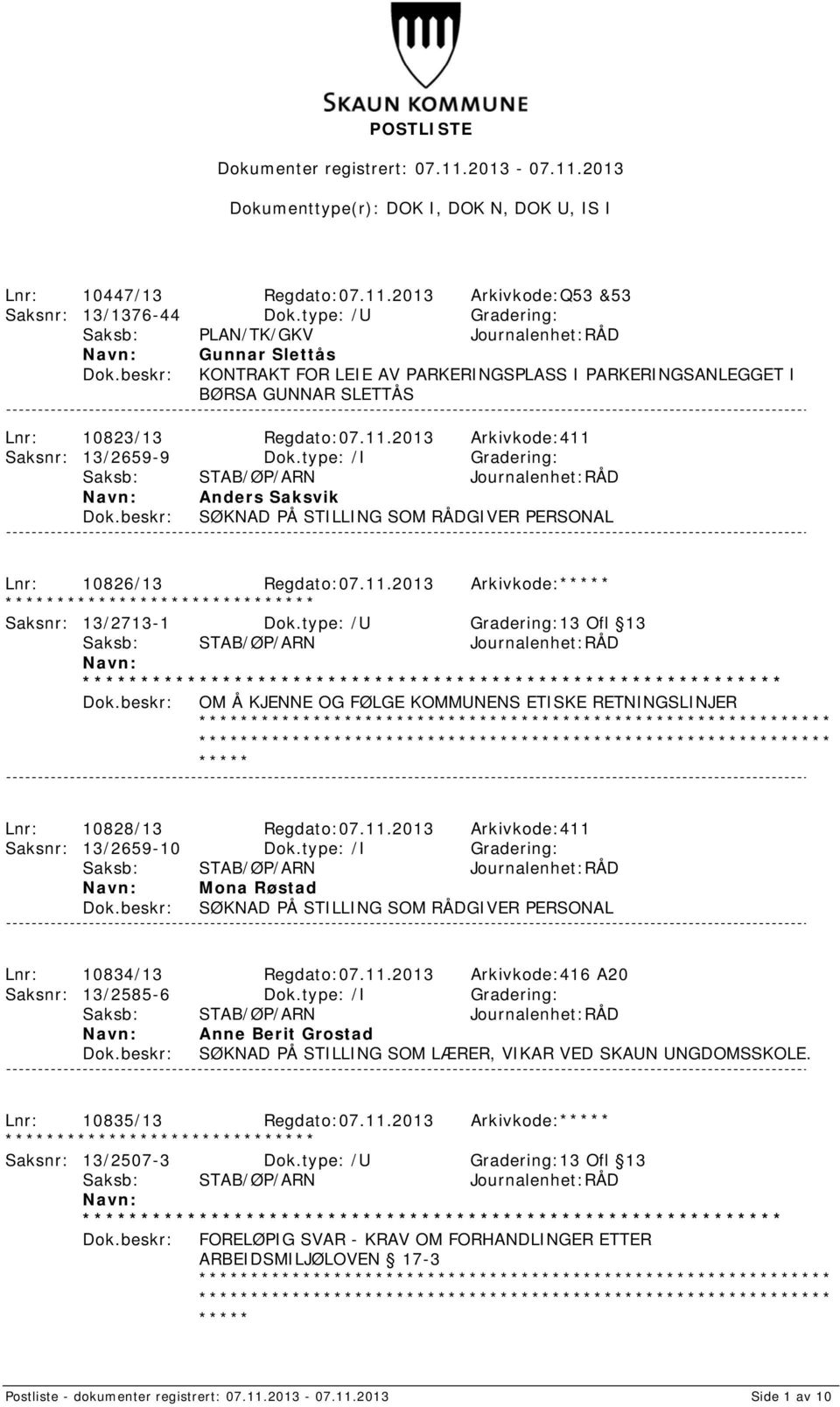 2013 Arkivkode:411 Saksnr: 13/2659-9 Dok.type: /I Gradering: Anders Saksvik SØKNAD PÅ STILLING SOM RÅDGIVER PERSONAL Lnr: 10826/13 Regdato:07.11.2013 Arkivkode: Saksnr: 13/2713-1 Dok.