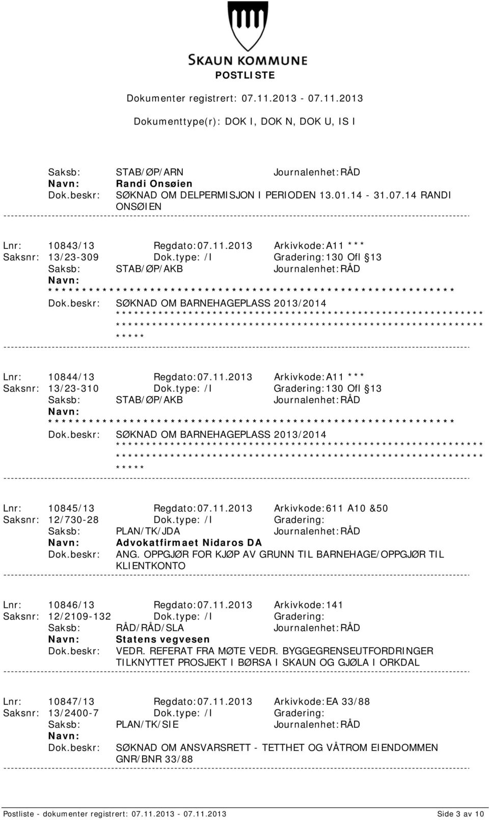 type: /I Gradering:130 Ofl 13 Saksb: STAB/ØP/AKB Journalenhet:RÅD SØKNAD OM BARNEHAGEPLASS 2013/2014 Lnr: 10845/13 Regdato:07.11.2013 Arkivkode:611 A10 &50 Saksnr: 12/730-28 Dok.