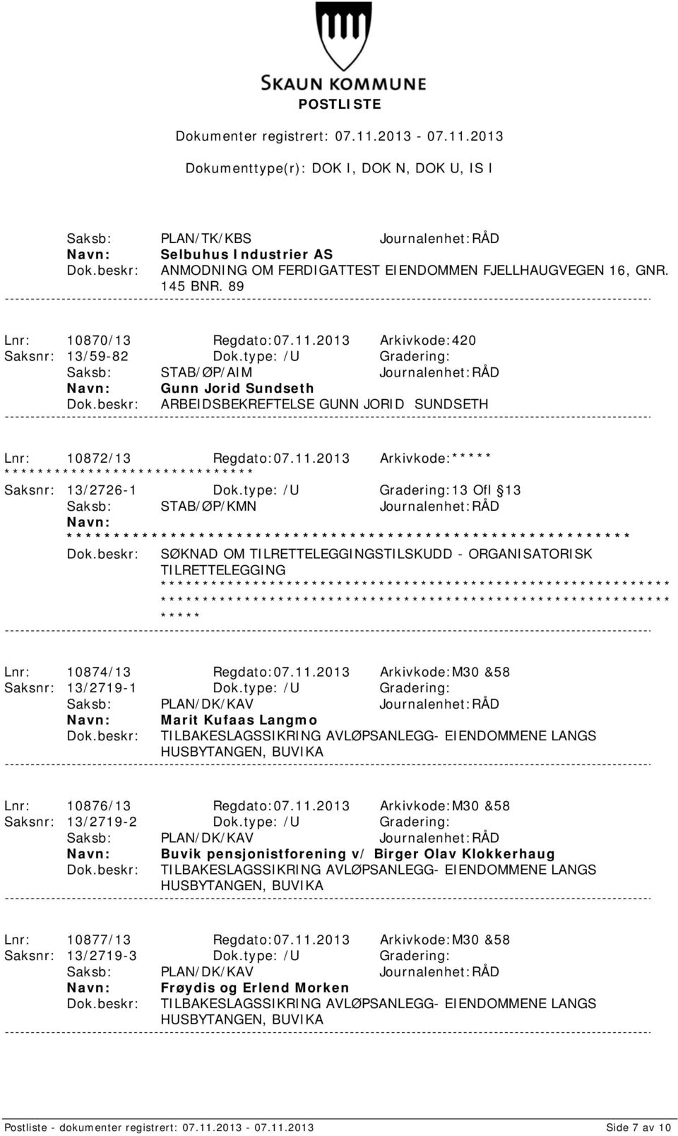 type: /U Gradering:13 Ofl 13 Saksb: STAB/ØP/KMN Journalenhet:RÅD SØKNAD OM TILRETTELEGGINGSTILSKUDD - ORGANISATORISK TILRETTELEGGING Lnr: 10874/13 Regdato:07.11.