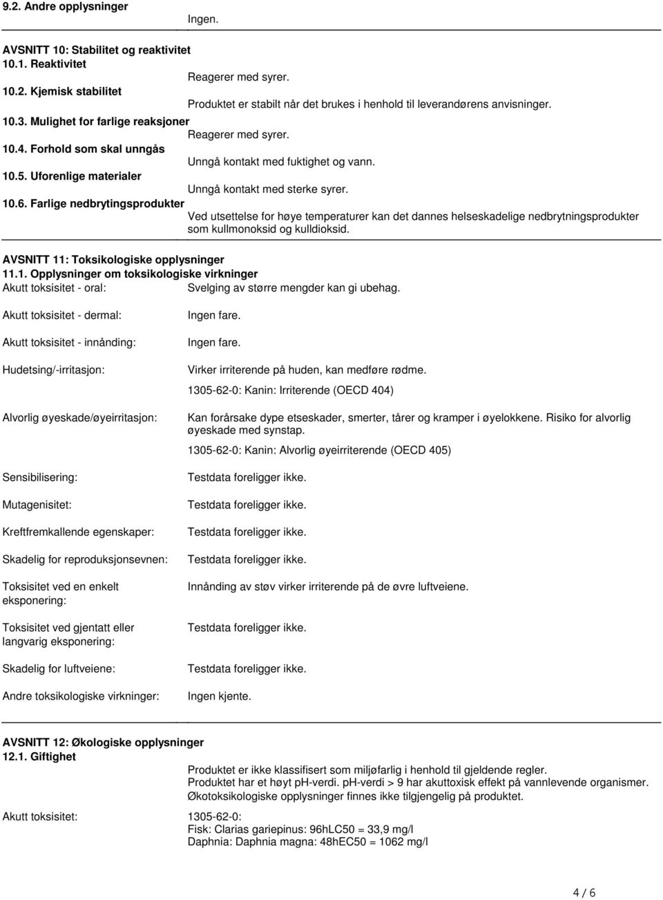 Farlige nedbrytingsprodukter Ved utsettelse for høye temperaturer kan det dannes helseskadelige nedbrytningsprodukter som kullmonoksid og kulldioksid. AVSNITT 11