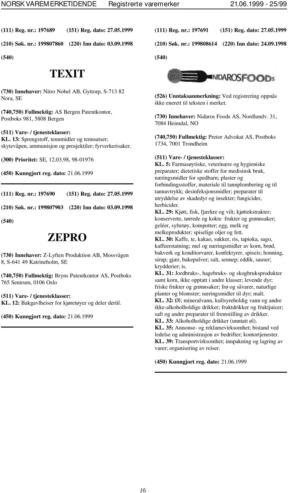 1998 TEXIT (730) Innehaver: Nitro Nobel AB, Gyttorp, S-713 82 Nora, SE (740,750) Fullmektig: AS Bergen Patentkontor, Postboks 981, 5808 Bergen KL.