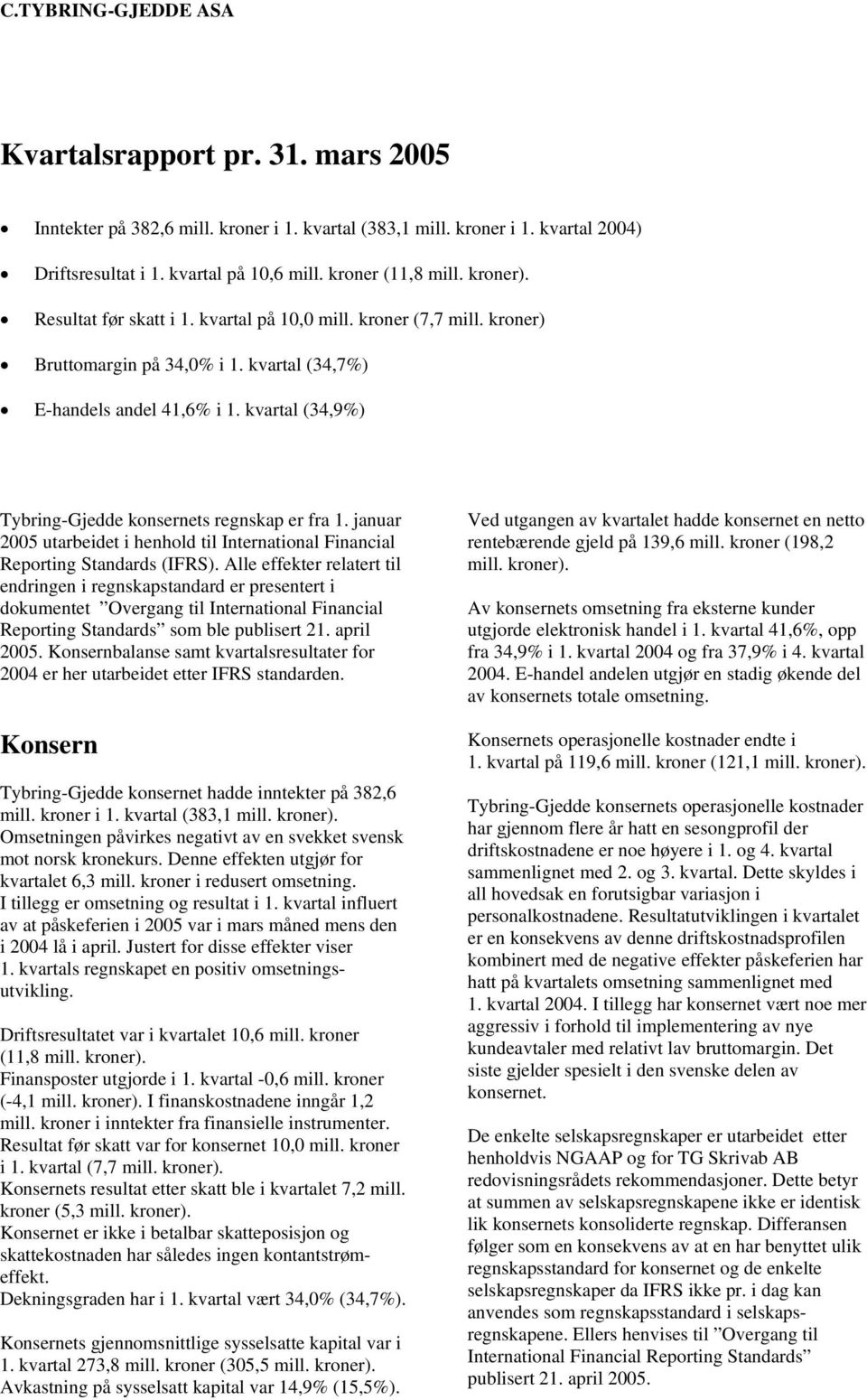 kvartal (34,9%) Tybring-Gjedde konsernets regnskap er fra 1. januar 2005 utarbeidet i henhold til International Financial Reporting Standards (IFRS).