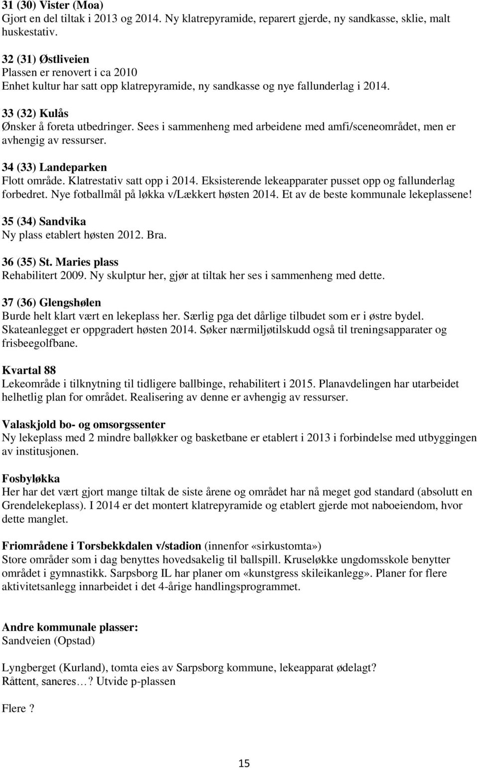 Sees i sammenheng med arbeidene med amfi/sceneområdet, men er avhengig av ressurser. 34 (33) Landeparken Flott område. Klatrestativ satt opp i 2014.