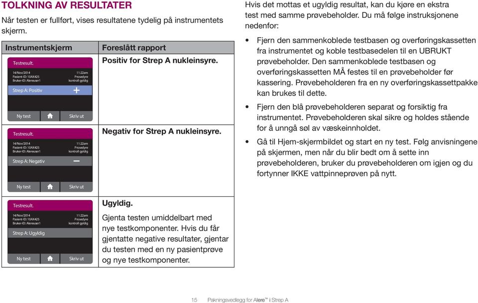 14/Nov/2014 Pasient-ID: 10AX425 Bruker-ID: Alereuser1 Strep A: Negativ 11:22am Prosedyre kontroll gyldig Skriv ut 11:22am Prosedyre kontroll gyldig Foreslått rapport Positiv for Strep A nukleinsyre.