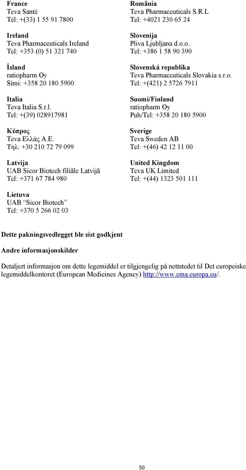 r.o. Tel: +(421) 2 5726 7911 Suomi/Finland ratiopharm Oy Puh/Tel: +358 20 180 5900 Sverige Teva Sweden AB Tel: +(46) 42 12 11 00 United Kingdom Teva UK Limited Tel: +(44) 1323 501 111 Lietuva UAB