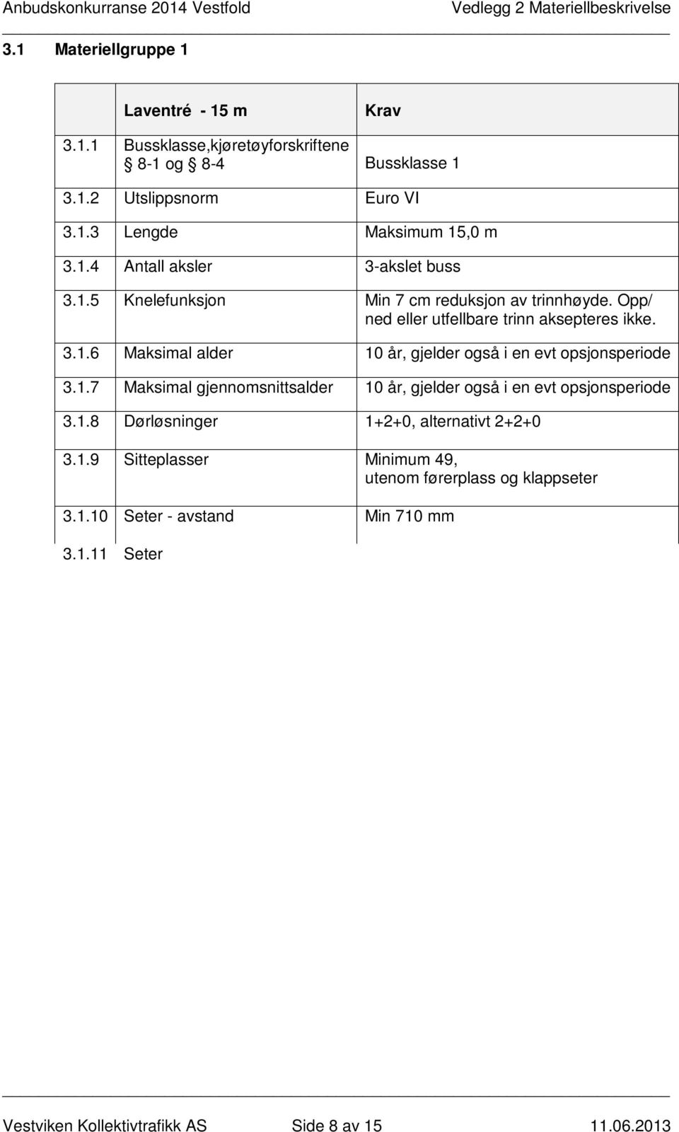 1.9 Sitteplasser Minimum 49, utenom førerplass og klappseter 3.1.10 Seter - avstand Min 710 mm 3.1.11 Seter høyde Min 720 mm høy rygg 3.1.12 Seter polstring Min 50 mm sittepute og minimum 30 mm i rygg målt i korsryggen 3.