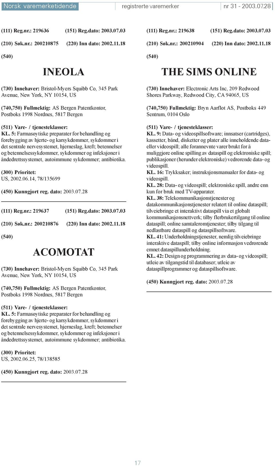 18 INEOLA THE SIMS ONLINE (730) Innehaver: Bristol-Myers Squibb Co, 345 Park Avenue, New York, NY 10154, US (740,750) Fullmektig: AS Bergen Patentkontor, Postboks 1998 Nordnes, 5817 Bergen KL.