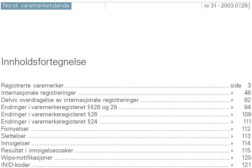 ..» 92 Endringer i varemerkeregisteret 28 og 29...» 94 Endringer i varemerkeregisteret 26.