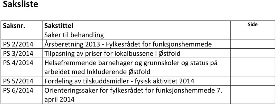 3/2014 Tilpasning av priser for lokalbussene i Østfold PS 4/2014 Helsefremmende barnehager og