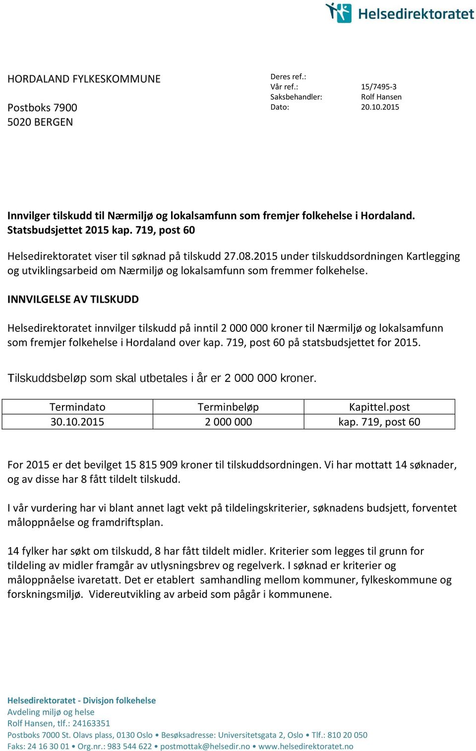 2015 under tilskuddsordningen Kartlegging og utviklingsarbeid om Nærmiljø og lokalsamfunn som fremmer folkehelse.