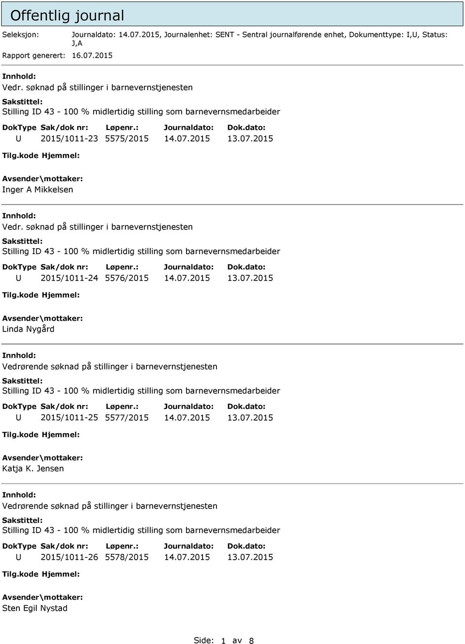 søknad på stillinger i barnevernstjenesten Stilling D 43-100 % midlertidig stilling som barnevernsmedarbeider 2015/1011-24 5576/2015 Linda Nygård Vedrørende søknad på stillinger i