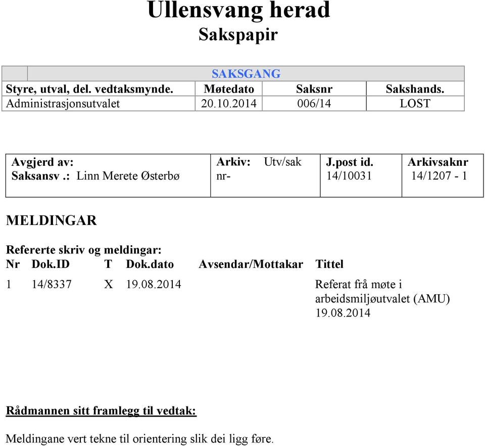 14/10031 Arkivsaknr 14/1207-1 MELDINGAR Refererte skriv og meldingar: Nr Dok.ID T Dok.