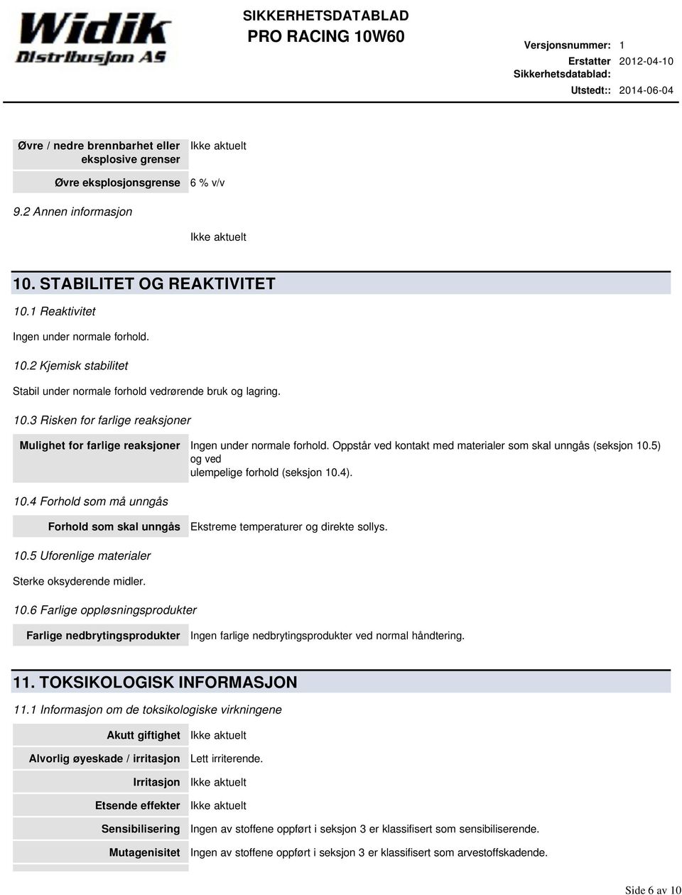 4). 10.4 Forhold som må unngås Forhold som skal unngås Ekstreme temperaturer og direkte sollys. 10.5 Uforenlige materialer Sterke oksyderende midler. 10.6 Farlige oppløsningsprodukter Farlige nedbrytingsprodukter Ingen farlige nedbrytingsprodukter ved normal håndtering.