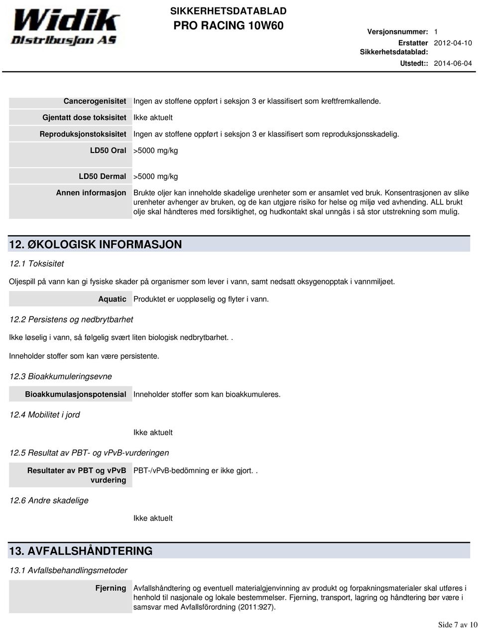 >5000 mg/kg LD50 Dermal Annen informasjon >5000 mg/kg Brukte oljer kan inneholde skadelige urenheter som er ansamlet ved bruk.