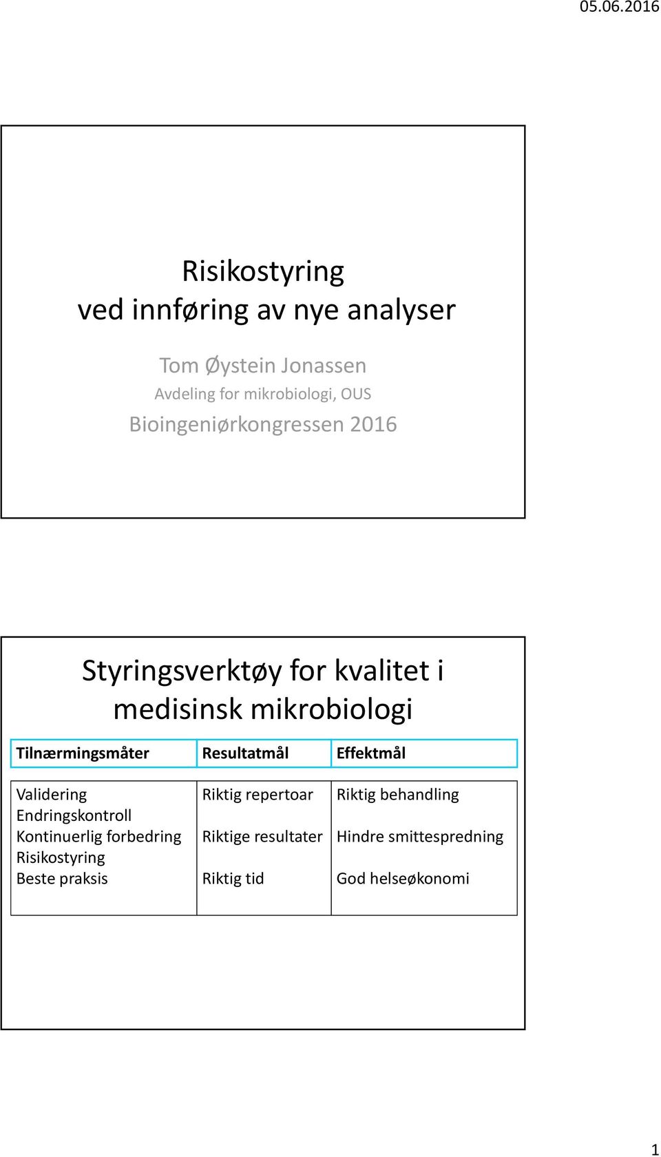 Validering Endringskontroll Kontinuerlig forbedring Risikostyring Beste praksis Resultatmål Riktig