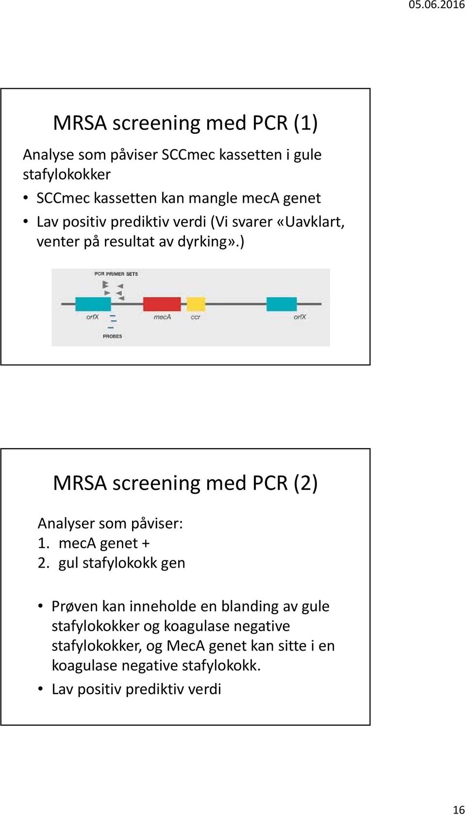 ) MRSA screening med PCR (2) Analyser som påviser: 1. meca genet + 2.