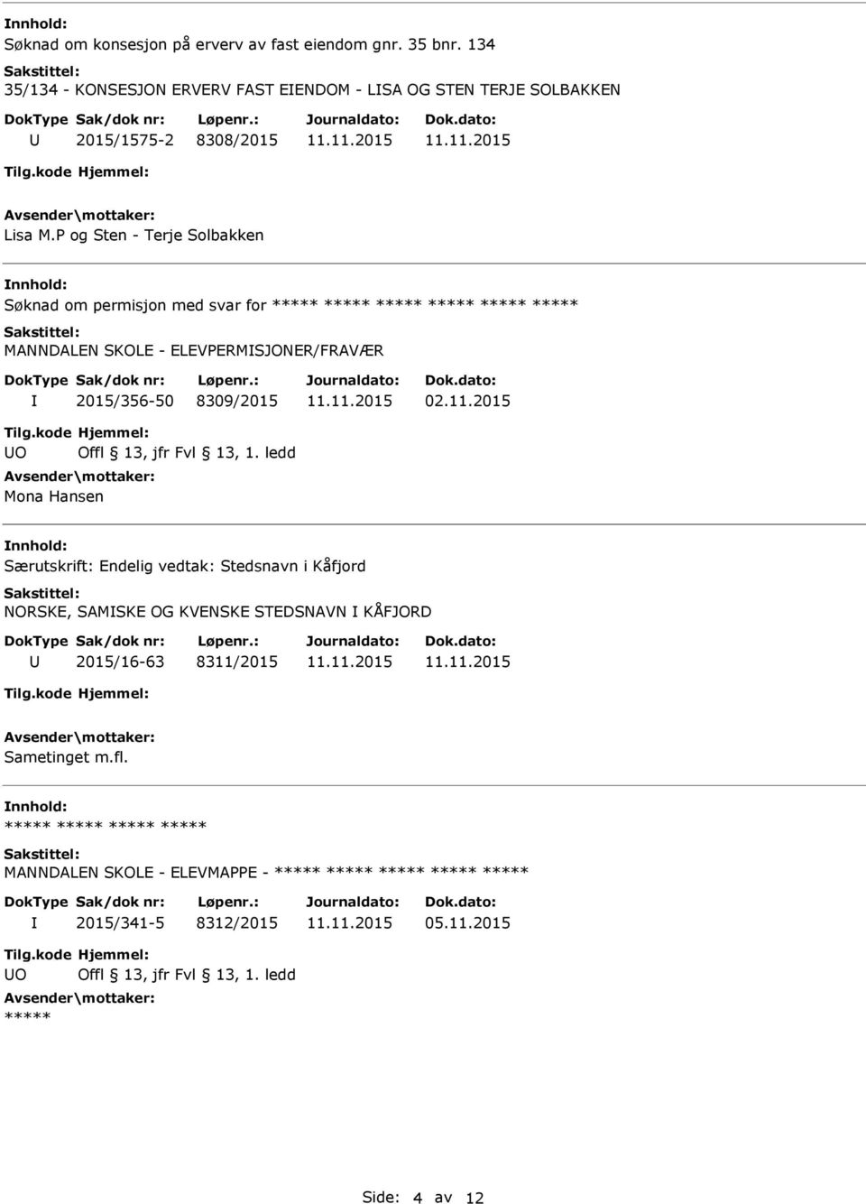 P og Sten - Terje Solbakken Søknad om permisjon med svar for MANNDALEN SKOLE - ELEVPERMSJONER/FRAVÆR 2015/356-50 8309/2015 02.11.