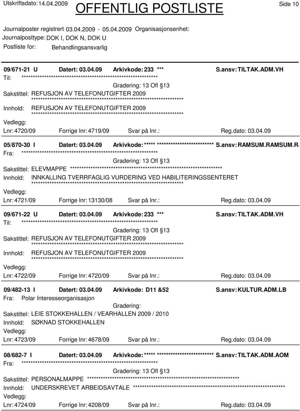 09 09/671-22 U Datert: 03.04.09 Arkivkode: 233 *** Lnr: 4722/09 Forrige lnr: 4720/09 Svar på lnr.: Reg.dato: 03.04.09 09/482-13 I Datert: 03.04.09 Arkivkode: D11 &52 S.ansv: KULTUR.ADM.