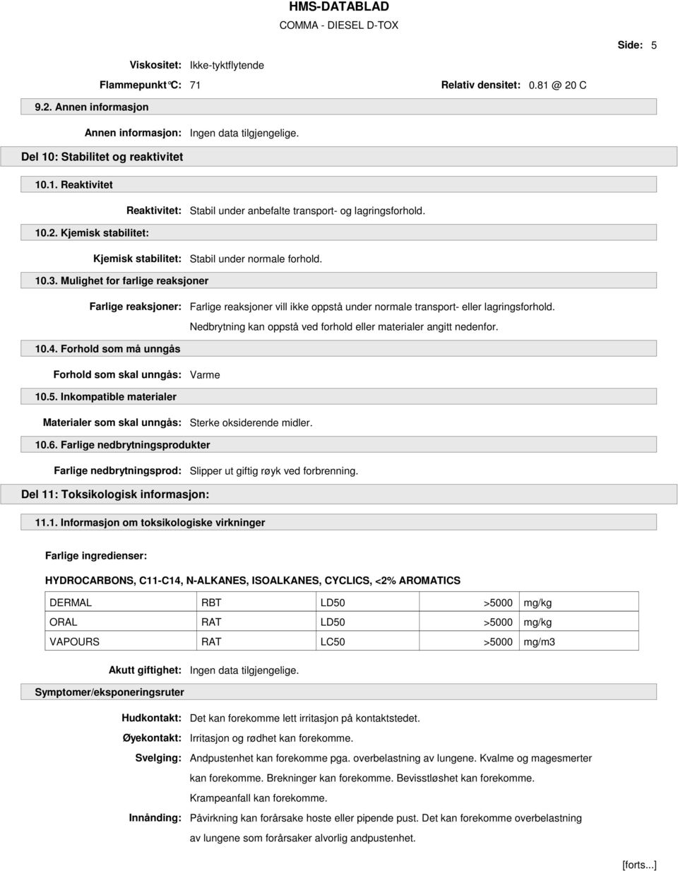 Mulighet for farlige reaksjoner Farlige reaksjoner: Farlige reaksjoner vill ikke oppstå under normale transport- eller lagringsforhold.