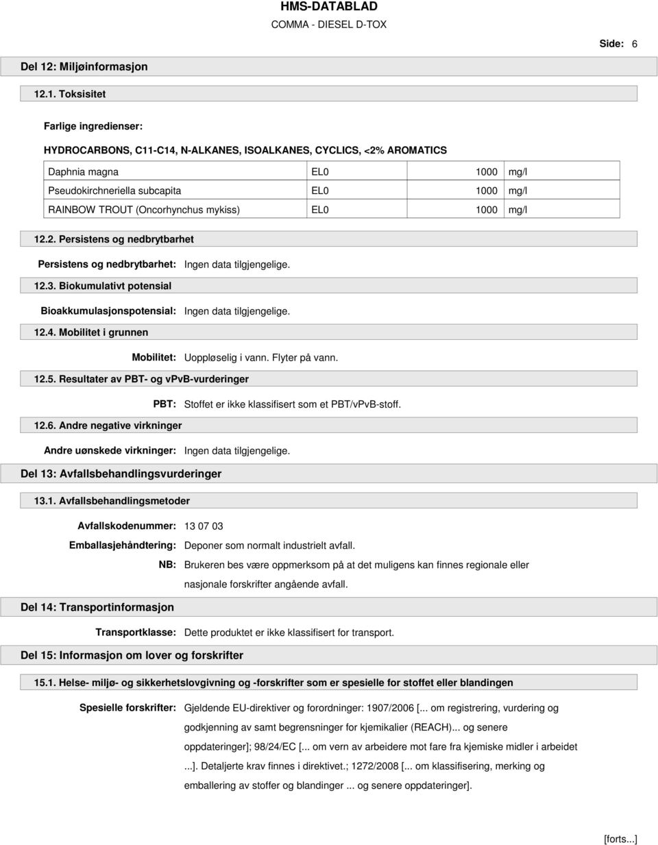 .1. Toksisitet Farlige ingredienser: HYDROCARBONS, C11-C14, N-ALKANES, ISOALKANES, CYCLICS, <2% AROMATICS Daphnia magna EL0 1000 mg/l Pseudokirchneriella subcapita EL0 1000 mg/l RAINBOW TROUT