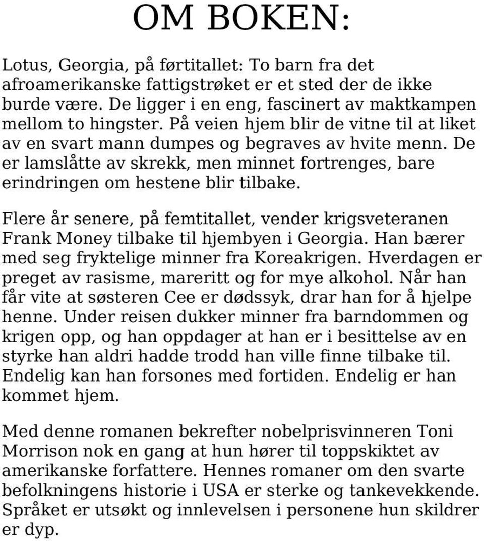 Flere år senere, på femtitallet, vender krigsveteranen Frank Money tilbake til hjembyen i Georgia. Han bærer med seg fryktelige minner fra Koreakrigen.