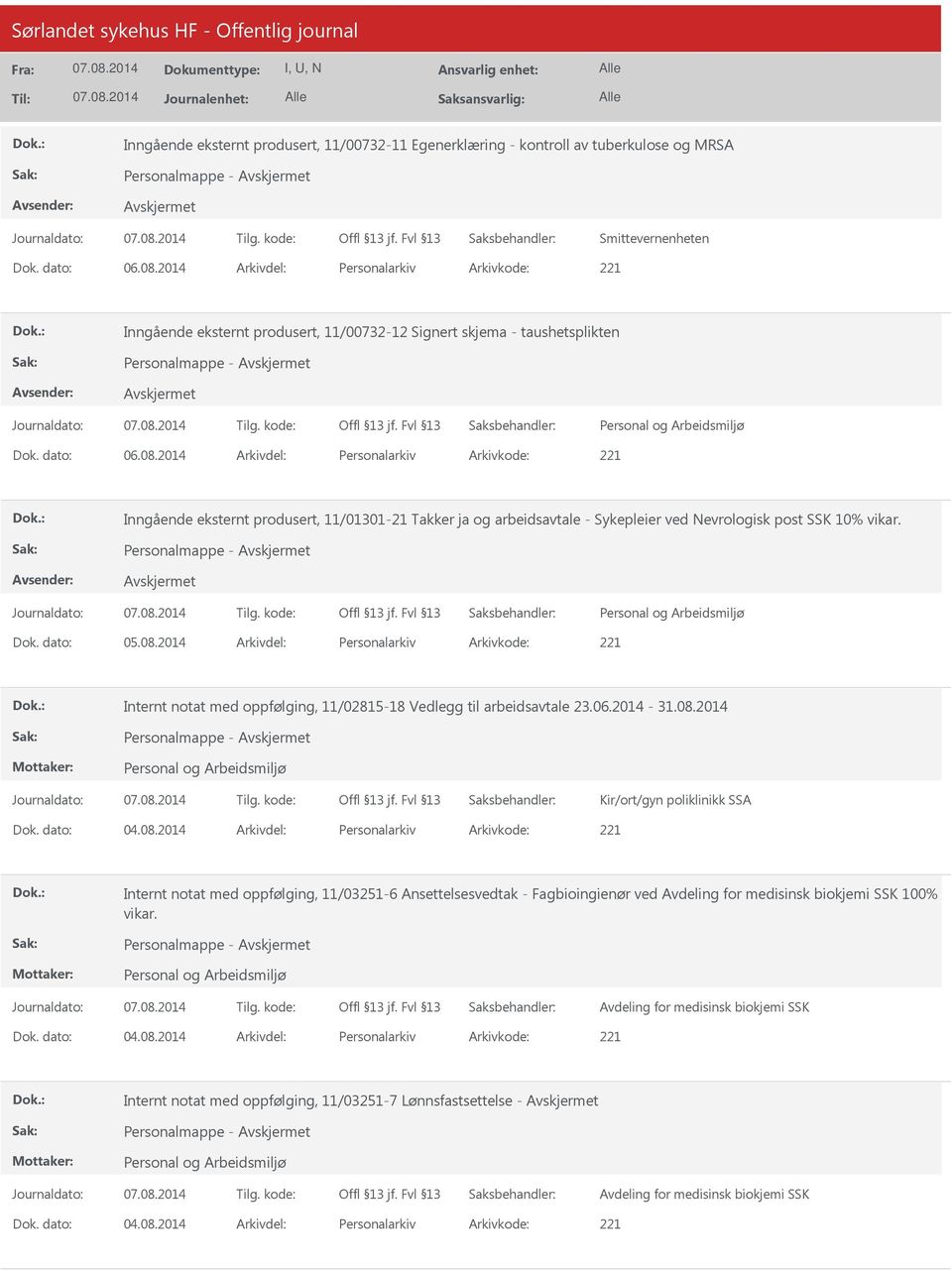 2014 Arkivdel: Personalarkiv Arkivkode: 221 Inngående eksternt produsert, 11/01301-21 Takker ja og arbeidsavtale - Sykepleier ved Nevrologisk post SSK 10% vikar.