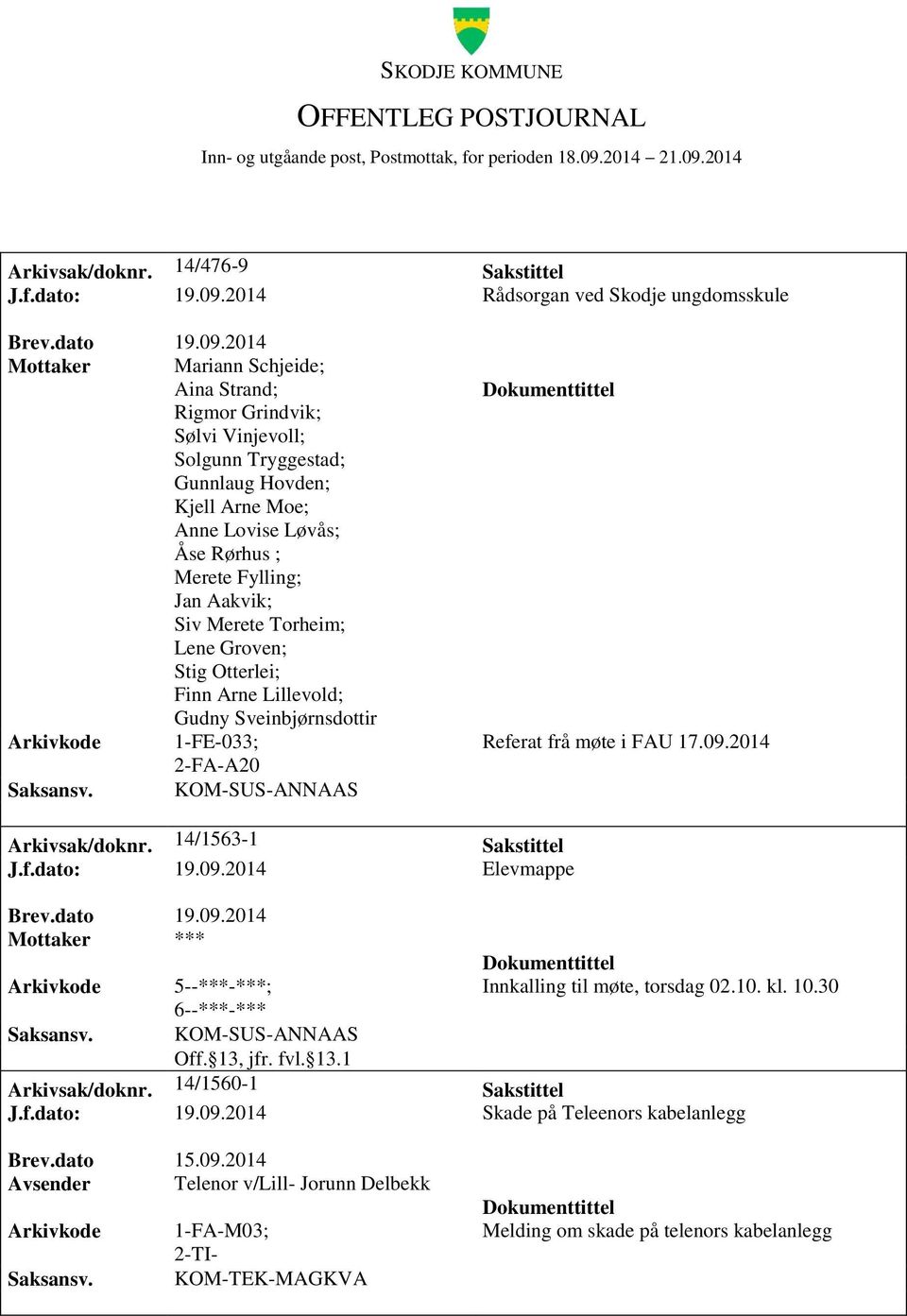 Merete Fylling; Jan Aakvik; Siv Merete Torheim; Lene Groven; Stig Otterlei; Finn Arne Lillevold; Gudny Sveinbjørnsdottir 1-FE-033; 2-FA-A20 KOM-SUS-ANNAAS Referat frå møte i FAU 17.09.