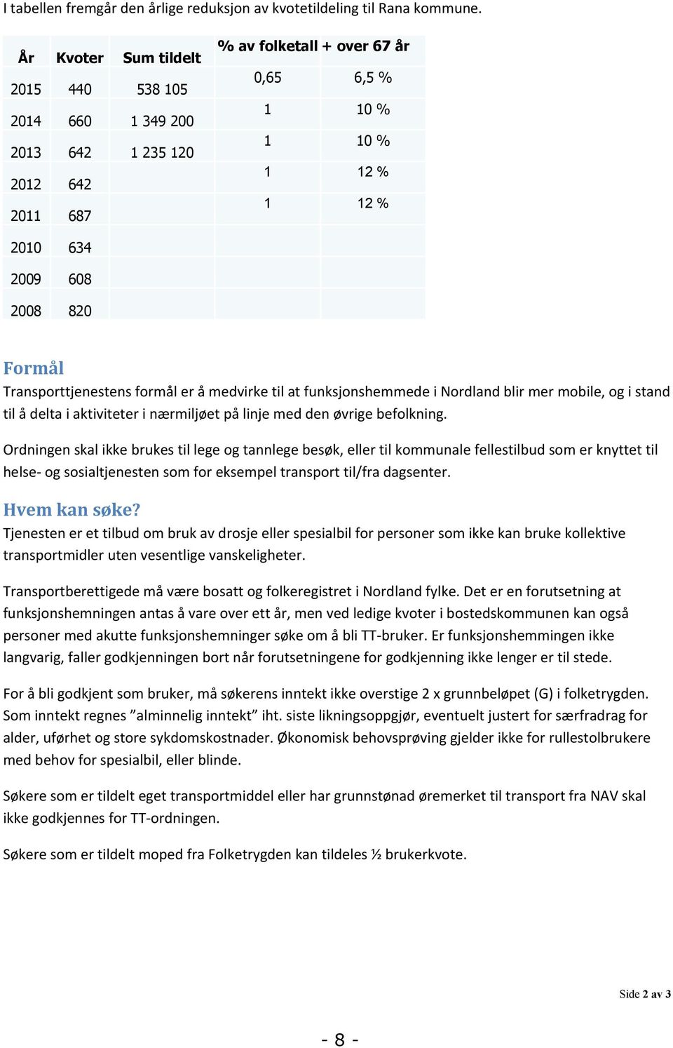 Transporttjenestens formål er å medvirke til at funksjonshemmede i Nordland blir mer mobile, og i stand til å delta i aktiviteter i nærmiljøet på linje med den øvrige befolkning.