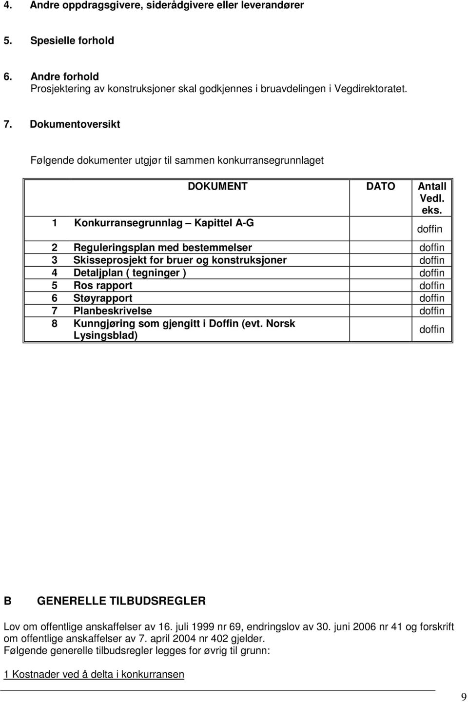 1 Konkurransegrunnlag Kapittel A-G doffin 2 Reguleringsplan med bestemmelser doffin 3 Skisseprosjekt for bruer og konstruksjoner doffin 4 Detaljplan ( tegninger ) doffin 5 Ros rapport doffin 6