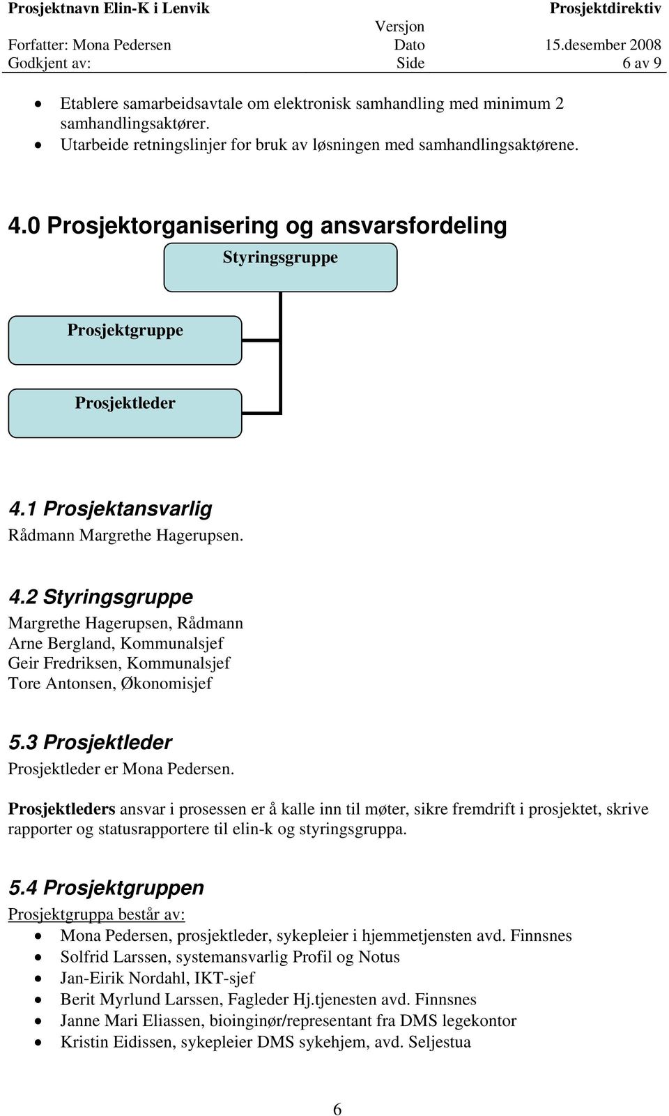 1 Prosjektansvarlig Rådmann Margrethe Hagerupsen. 4.2 Styringsgruppe Margrethe Hagerupsen, Rådmann Arne Bergland, Kommunalsjef Geir Fredriksen, Kommunalsjef Tore Antonsen, Økonomisjef 5.