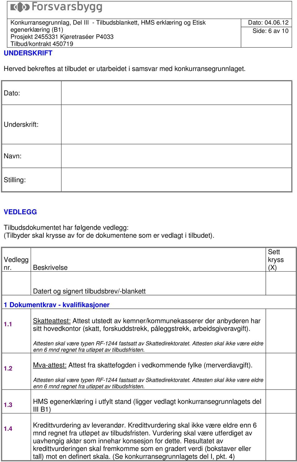 Beskrivelse Sett kryss (X) Datert og signert tilbudsbrev/-blankett 1 Dokumentkrav - kvalifikasjoner 1.