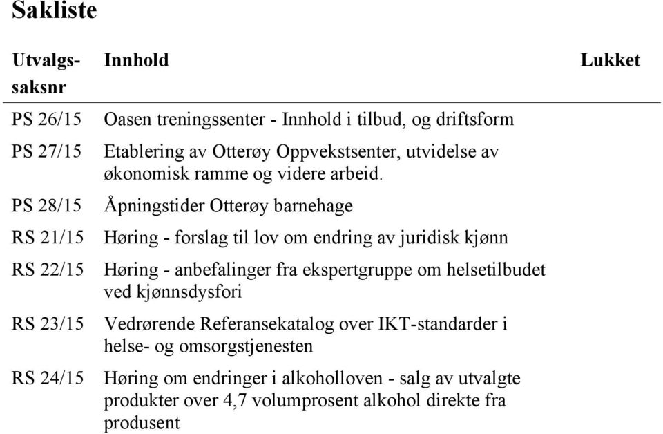Åpningstider Otterøy barnehage Høring - forslag til lov om endring av juridisk kjønn Høring - anbefalinger fra ekspertgruppe om helsetilbudet ved