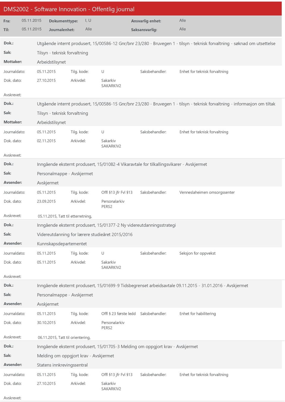 2015 Inngående eksternt produsert, 15/01082-4 Vikaravtale for tilkallingsvikarer - Personalmappe - Venneslaheimen omsorgssenter 23.09.