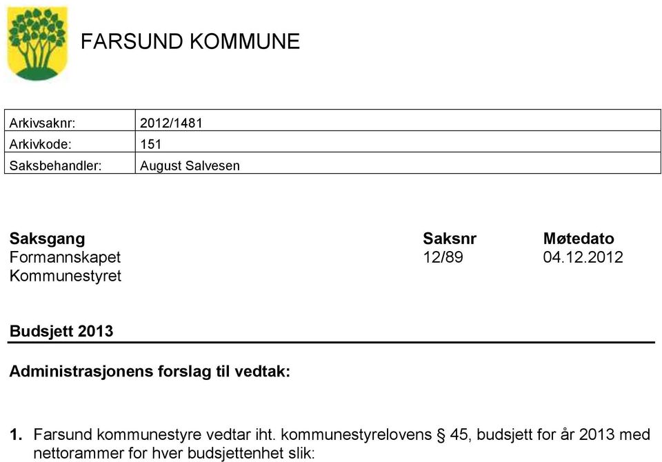 89 04.12.2012 Kommunestyret Budsjett 2013 Administrasjonens forslag til vedtak: 1.