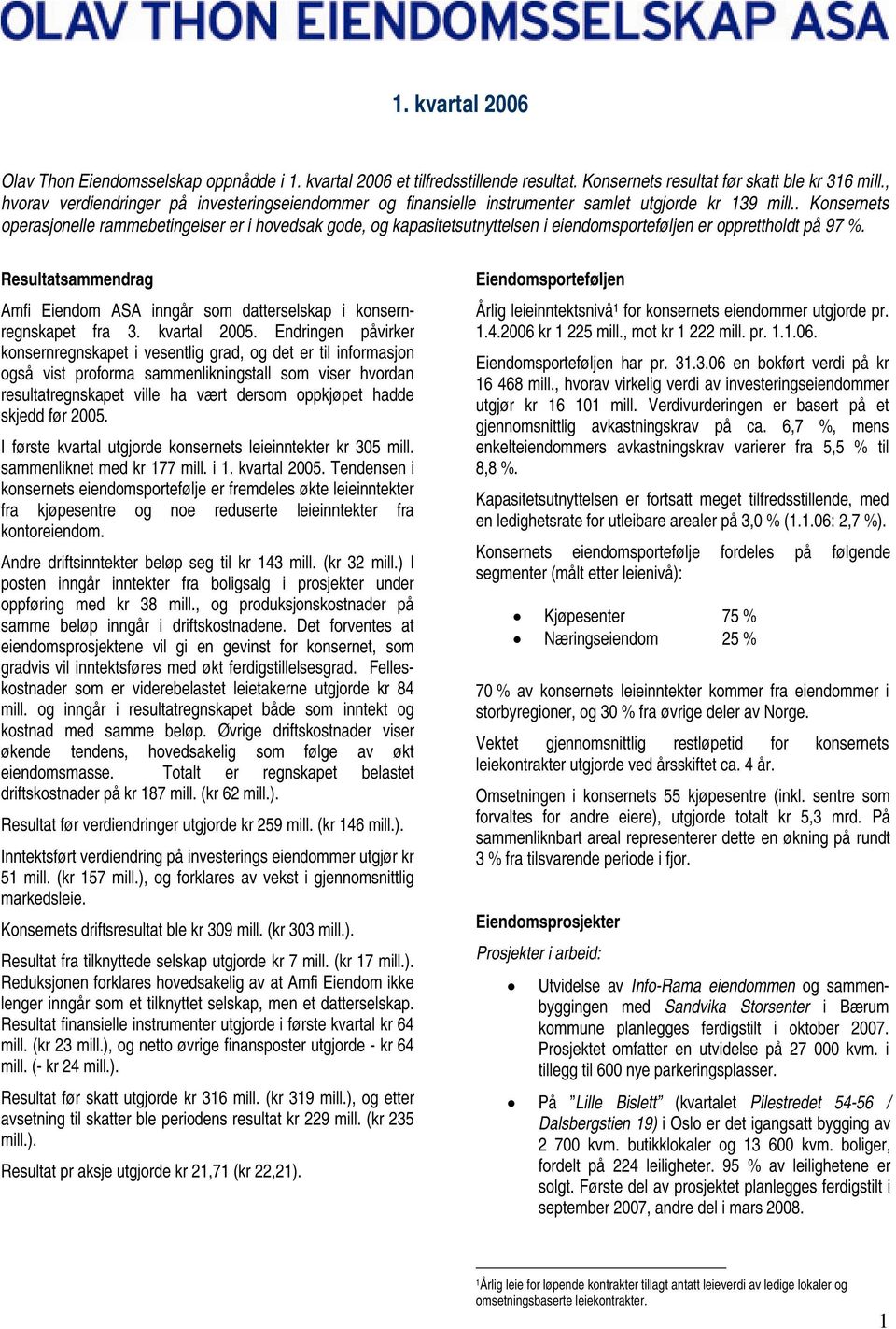 . Konsernets operasjonelle rammebetingelser er i hovedsak gode, og kapasitetsutnyttelsen i eiendomsporteføljen er opprettholdt på 97 %.