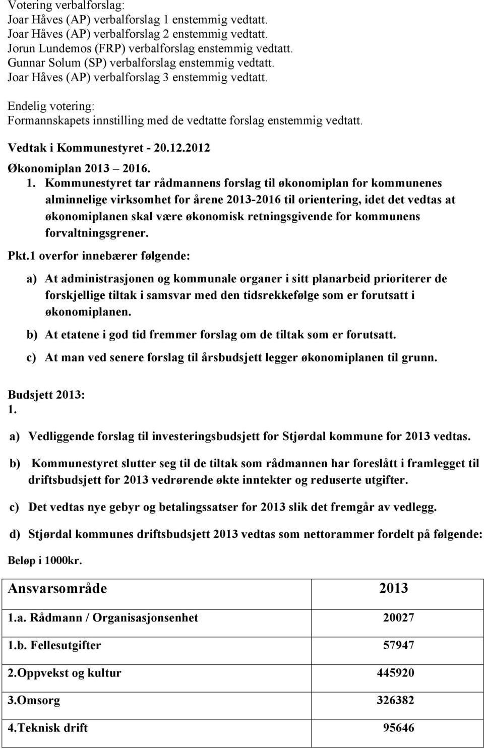 Vedtak i Kommunestyret - 20.12.2012 Økonomiplan 2013 2016. 1.