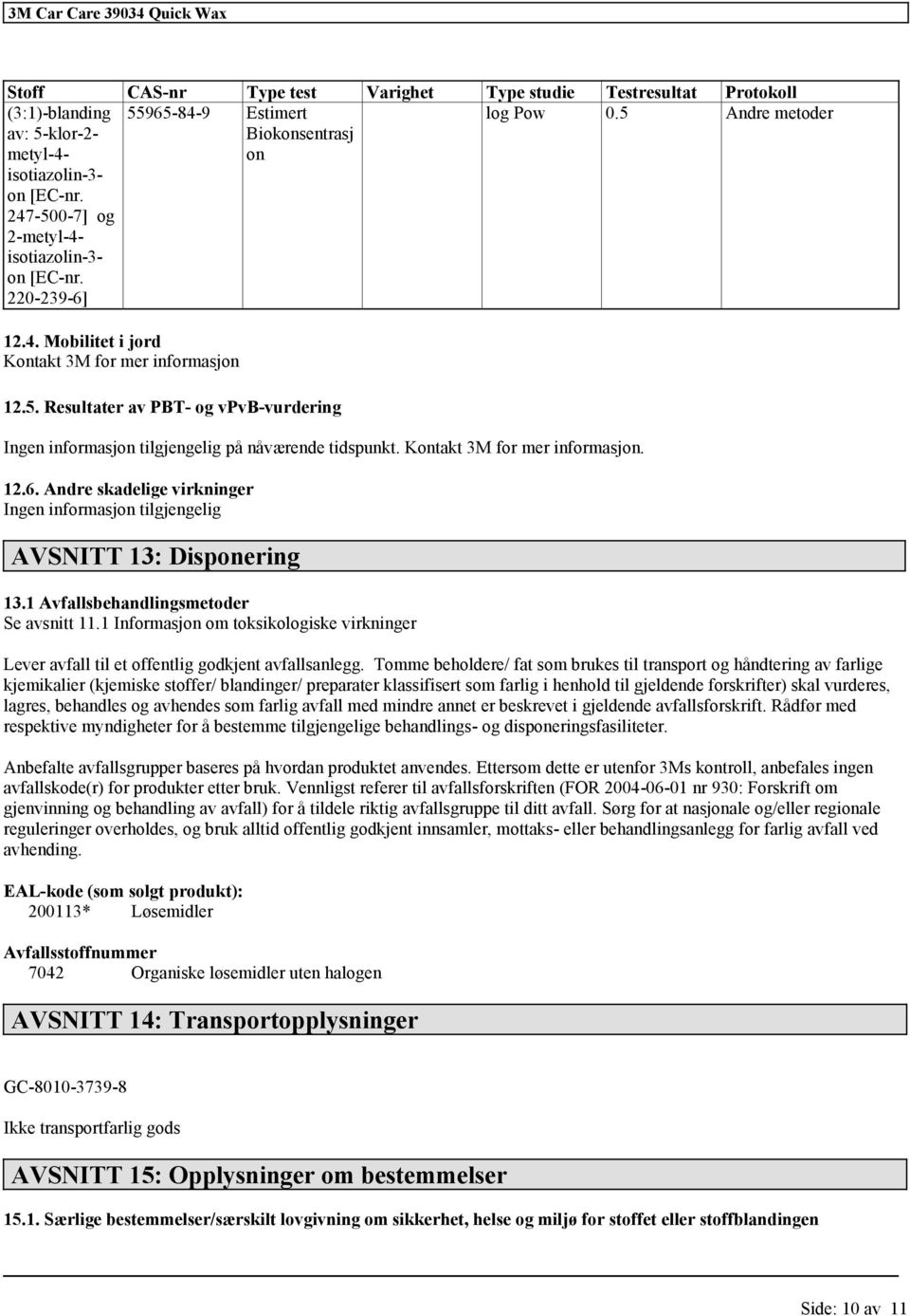 1 Informasjon om toksikologiske virkninger Lever avfall til et offentlig godkjent avfallsanlegg.