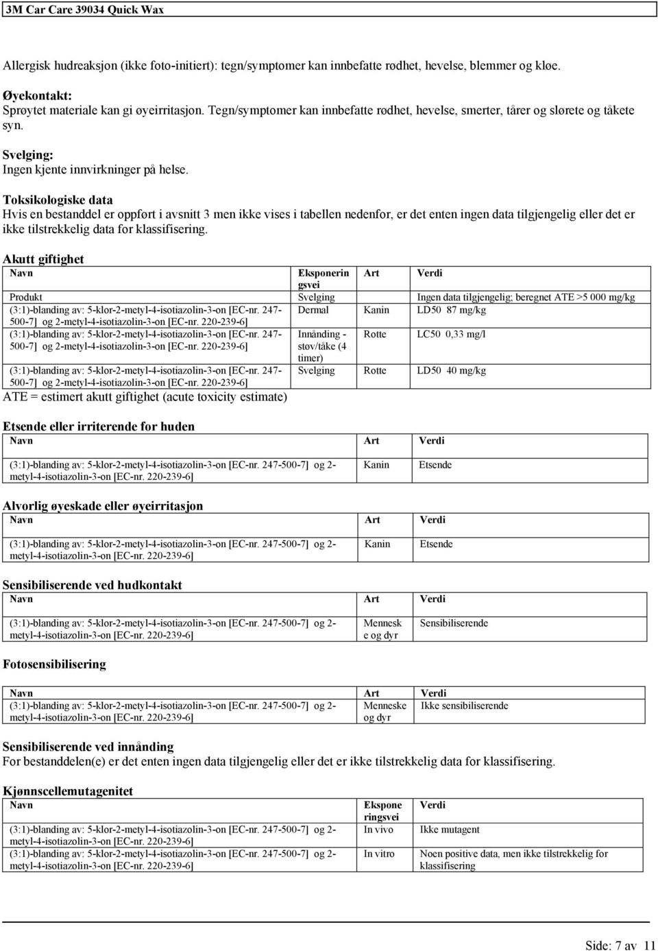 Toksikologiske data Hvis en bestanddel er oppført i avsnitt 3 men ikke vises i tabellen nedenfor, er det enten ingen data tilgjengelig eller det er ikke tilstrekkelig data for klassifisering.