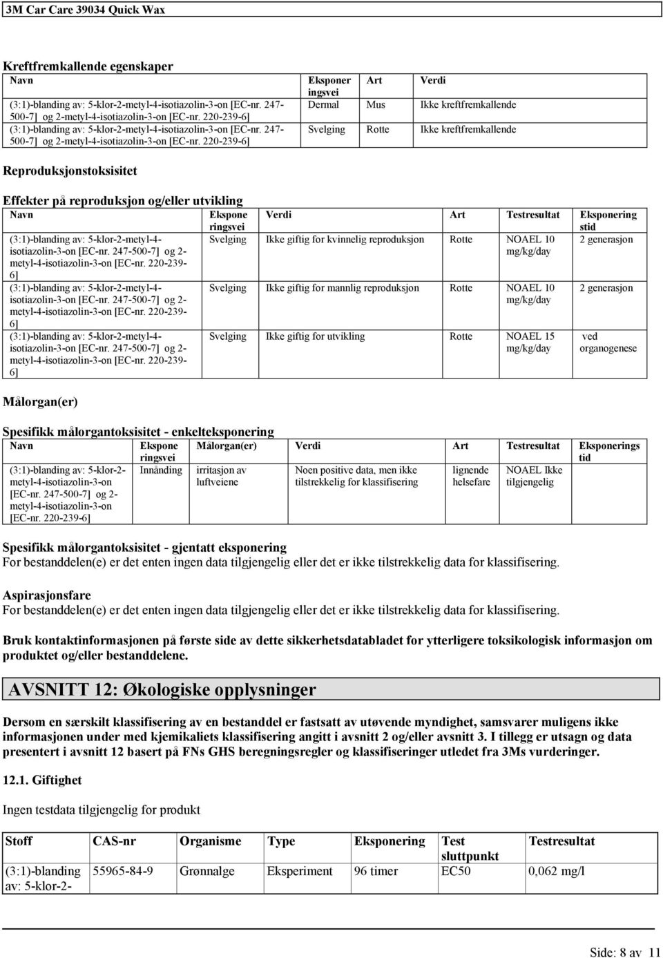 Rotte NOAEL 10 2 generasjon mg/kg/day Svelging Ikke giftig for mannlig reproduksjon Rotte NOAEL 10 mg/kg/day Svelging Ikke giftig for utvikling Rotte NOAEL 15 mg/kg/day 2 generasjon ved organogenese